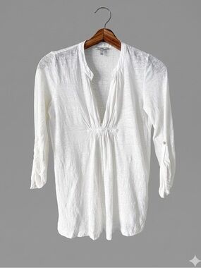 Joie White Linen V-Neck Gathered Waist Long Sleeve Women's Top
